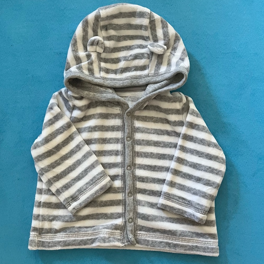 BabyGap 3-6 month Gray and White Stripe Hoodie with Bear Ears